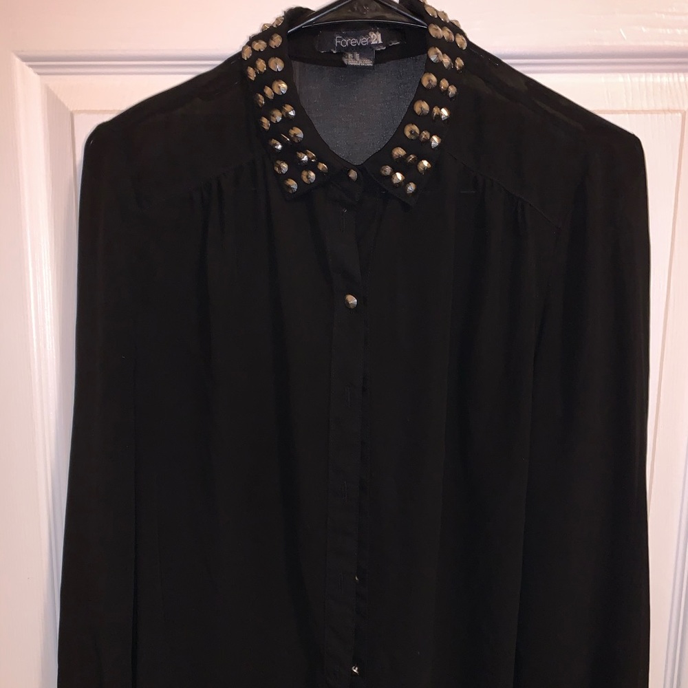 Forever21 Black Studded Chiffon Button-Up Blouse